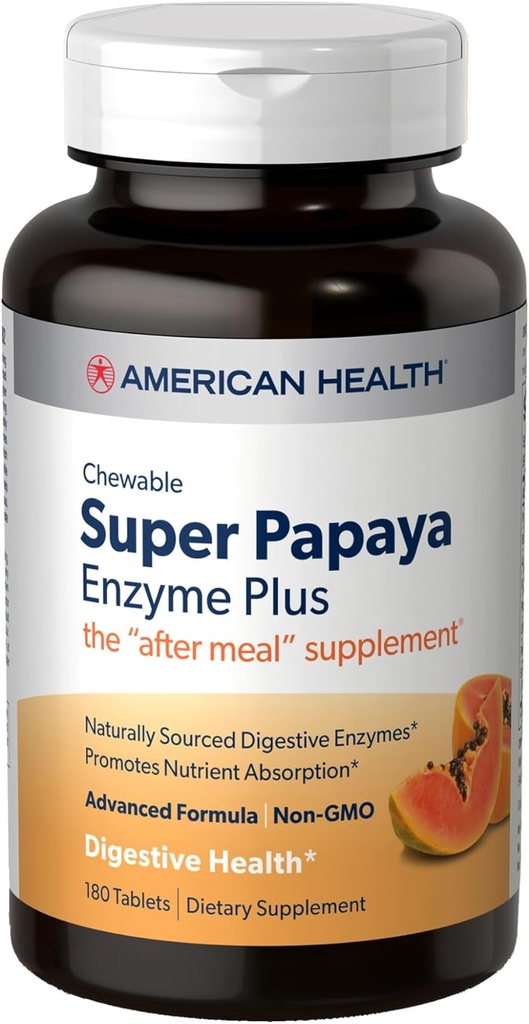 American Health Super Papaya Enzyme Plus - 180 Chewable Tablets - The After-Meal Supplement - Non-GMO - 60 Servings