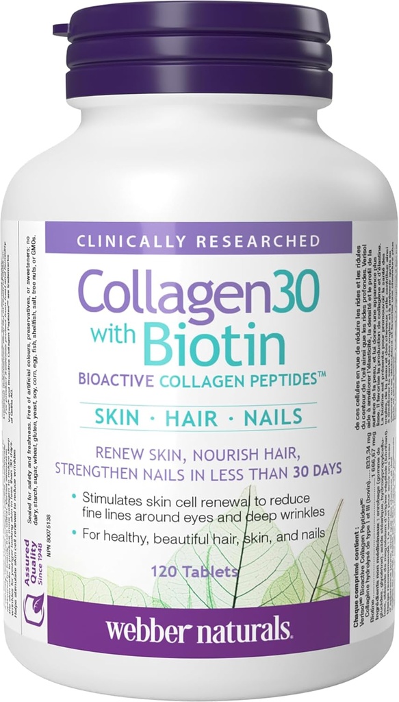 Webber NaturalsはBiotin、2,500 mgのBioactive Collagenのペプチッドと、サービングごとのBiotinの5,000のmcg、120のタブレット、皮、毛および釘の高度の栄養のための、酪農場及びグルテンフリーの