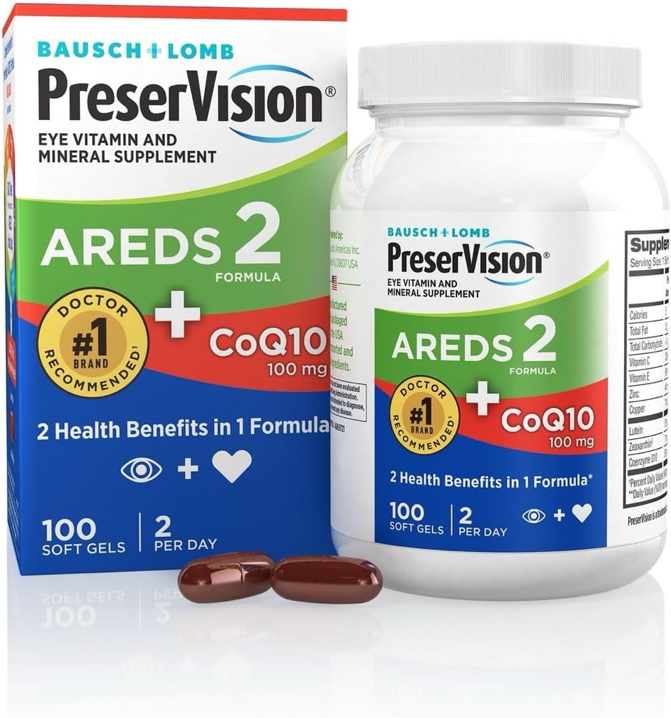 PreserVision は、CoQ10 の心臓の健康、#1 の目の医者の推薦されたブランド、ビタミン C 及び E、亜鉛および銅、100 の Softgels の Lutein および Zeaxanthin の補足が付いている 2 つの目のビタミンをです