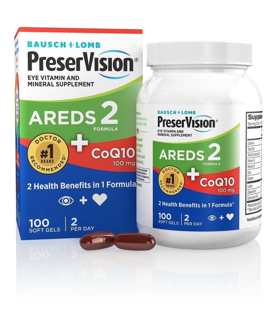 PreserVision は、CoQ10 の心臓の健康、#1 の目の医者の推薦されたブランド、ビタミン C 及び E、亜鉛および銅、100 の Softgels の Lutein および Zeaxanthin の補足が付いている 2 つの目のビタミンをです