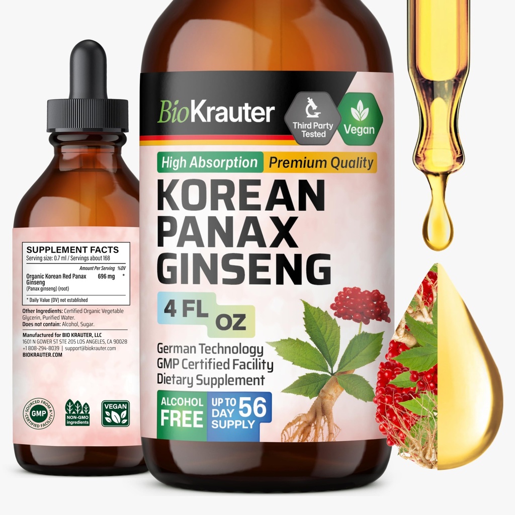 BIO KRAUTER韓国の赤い Ginseng のエキスの液体 - アルコール及び砂糖の自由な Panax の Ginseng の補足 - 完全菜食主義者の免疫サポート補足 - 4 小麦粉。 Oz.