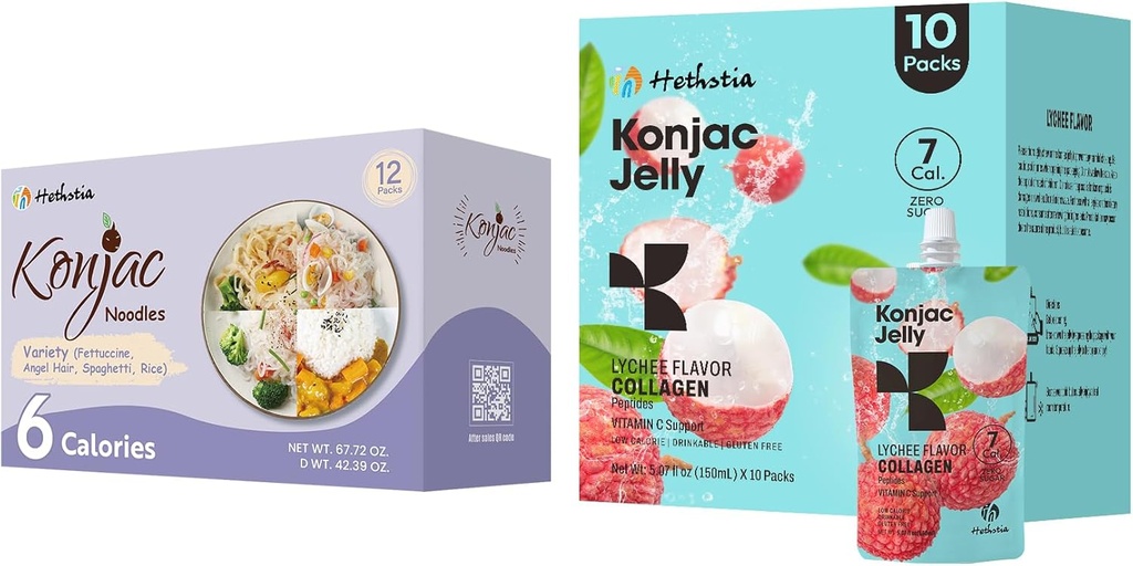 Hethstia Konjac Jelly Lychee 味 と Collagen Peptides 10 パックと Konjac 麺 バラエティ グルテンフリー 12 パック 低カロリー, Keto, Sugar Free, Healthy Food
