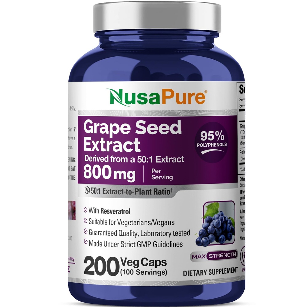 NusaPureのブドウの種エキスは帽子ごとの40,000mg、200のビーガン カプセル、標準化しました、非GMO、グルテンフリー、Resveratrol