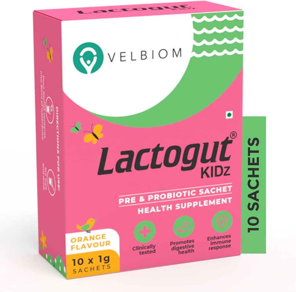 Lactogut Kidz Probiotics 子供のためのパウダー 子供向けプロバイオティクスを消費する 腸の健康, 全体的なウェルネスと免疫 ビーガン臨床的に証明 - 1Gx10磨き粉 (オレンジ風味)