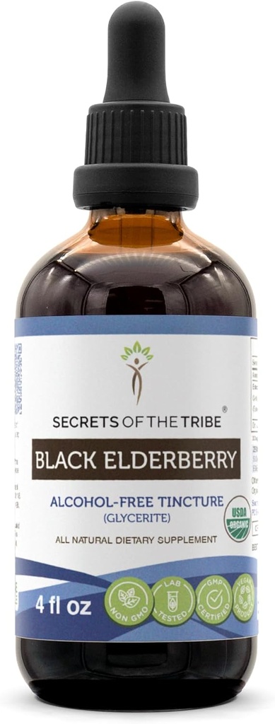 トリブブラックエルダーベリーアルコールフリーチンキ(グリセライト)680mg USDAオーガニックブラックエルダーベリー(Sambucus Nigra)ドライベリー(4 Fl Oz)免疫サポートサプリメントの秘密