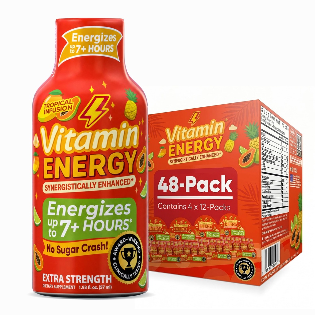 ビタミン エネルギー焦点+ の余分強さのエネルギー打撃の熱帯注入 48 のパック、260mg 自然なカフェイン、B ビタミン、CoQ10、アミノ酸、焦点、生産性及び明白、ゼロ砂糖、グルテンフリー、1.49 の fl oz