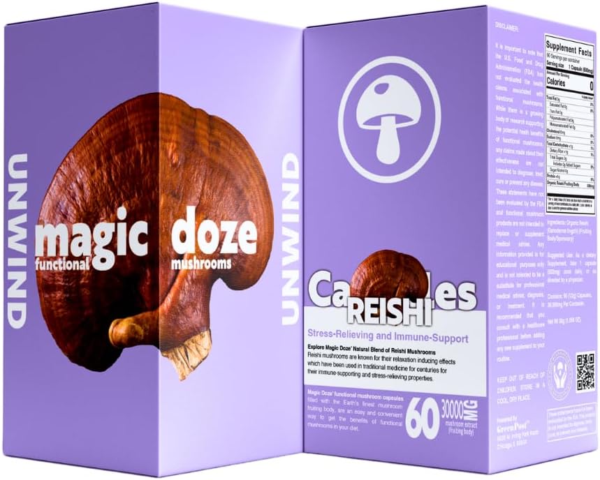 Magic DozeTM Reishiキノコサプリメントカプセル - 60カウント、アンワインド、ハーブサプリメント、ストレス救済、免疫サポート、ビーガン、オーガニックReishi成分