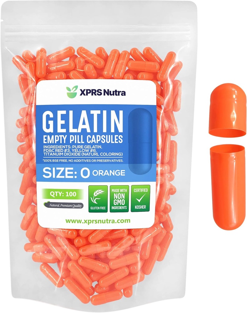 XPRSのNutraのサイズ0の空のカプセル- 100の計算の空のゼラチンのカプセル-DIYのカプセルの詰物のための丸薬-Do-It-Yourselfの補足のための純粋な牛の丸薬のゲルの帽子(オレンジ)