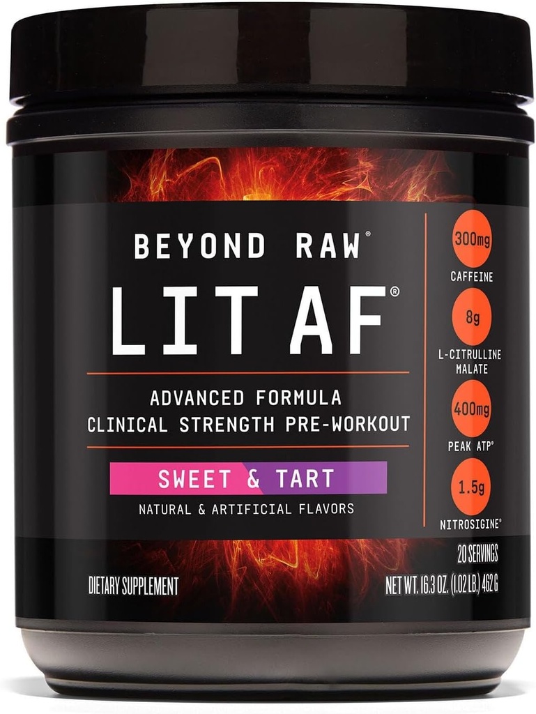 BEYOND RAW LIT Advanced Pre Workout Formula, Sweet and Tart, for Energy, Focus, Endurance, Pumps, with 300mg Rapid and Targeted Release Caffeine, Cretine, Betaine, Beta Alanine, Taurine, 20 サービング