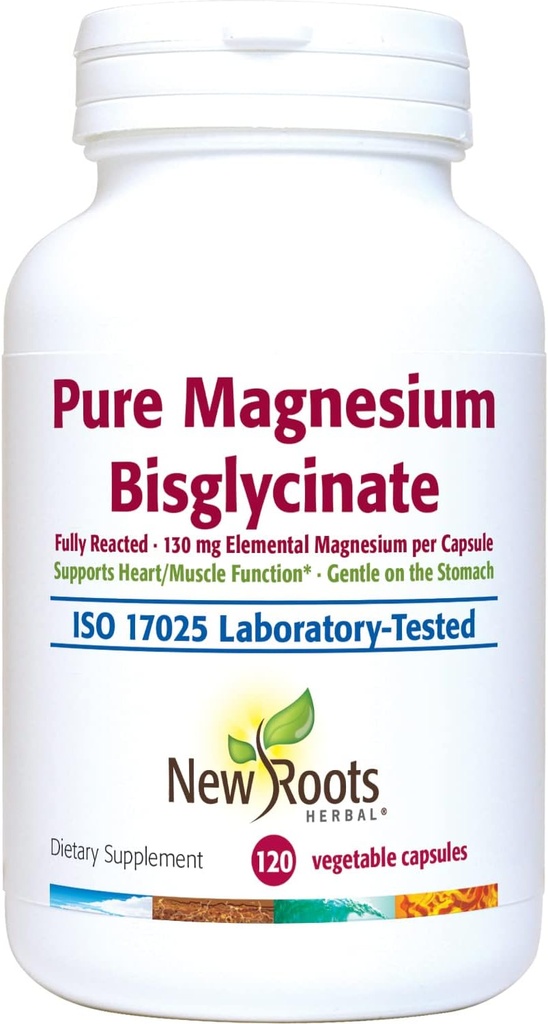 Pure Magnesium Bisglycinate Supplement (130 mg) | Improved Magnesium Glycinate, Gentle on The Stomach, no Laxative Effect (120 Veg Caps) | NEW ROOTS HERBAL