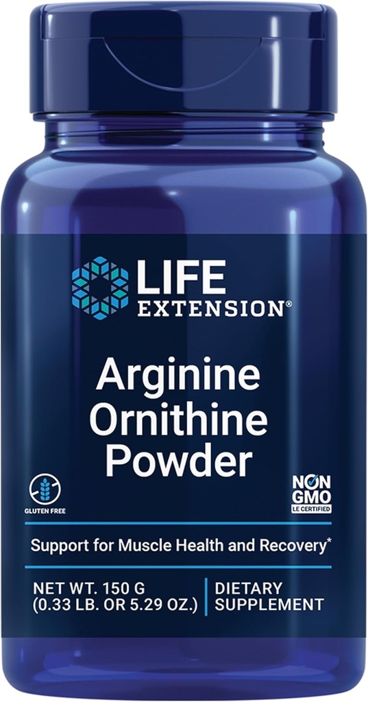 Life Extension Arginine Ornithine Powder, Promotes Muscle Health & Recovery, Gluten Free, Non-GMO, net Weight 150 Grams