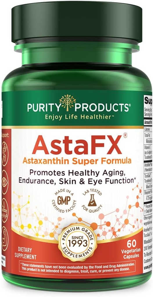 Purity Products AstaFX Astaxanthin Antioxidant Super Formula from Clinically Tested 4 mg AstaREAL with Tocotrienols (Vitamin E) + BioPerine Black Pepper + Piperine - 60 Vegetarian Caps