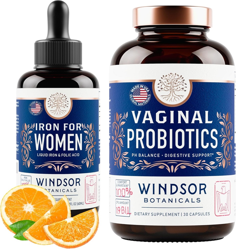 WINDSOR BOTANICALS腟のプロバイオティクスおよび液体の鉄の補足の女性の健康サポート バンドル