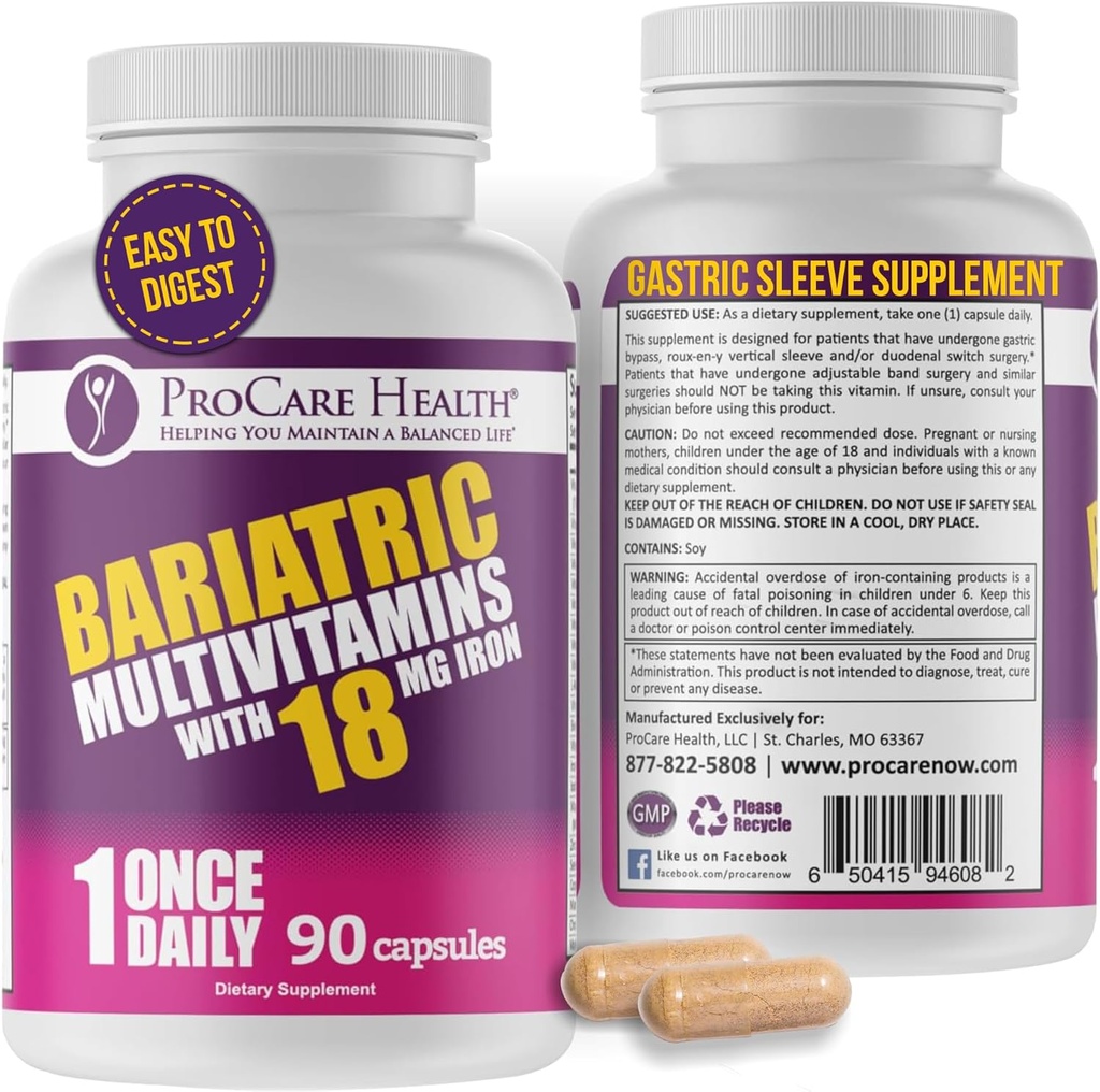 鉄18mg(03か月の供給)のProCare Health Bariatric Multivitamin - 胃のバイパスのBariatricの外科患者のためのポストOpのBariatricビタミン、サポート回復(90のSwallowのカプセルへの容易な)