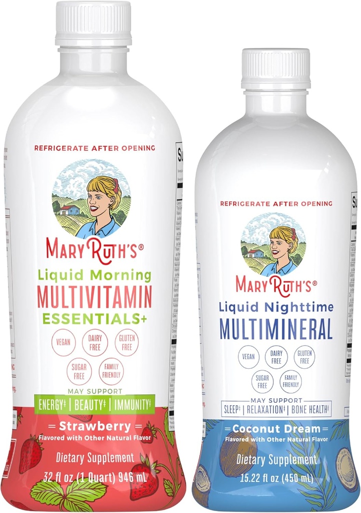 MaryRuth's Liquid Morning Multivitamin(いちご)&Liquid Nighttime Multimineral(ココナッツ、15oz) | クリーンラベルプロジェクト Verified® | エネルギー、就寝ルーチン、健康のためのビーガンビタミン