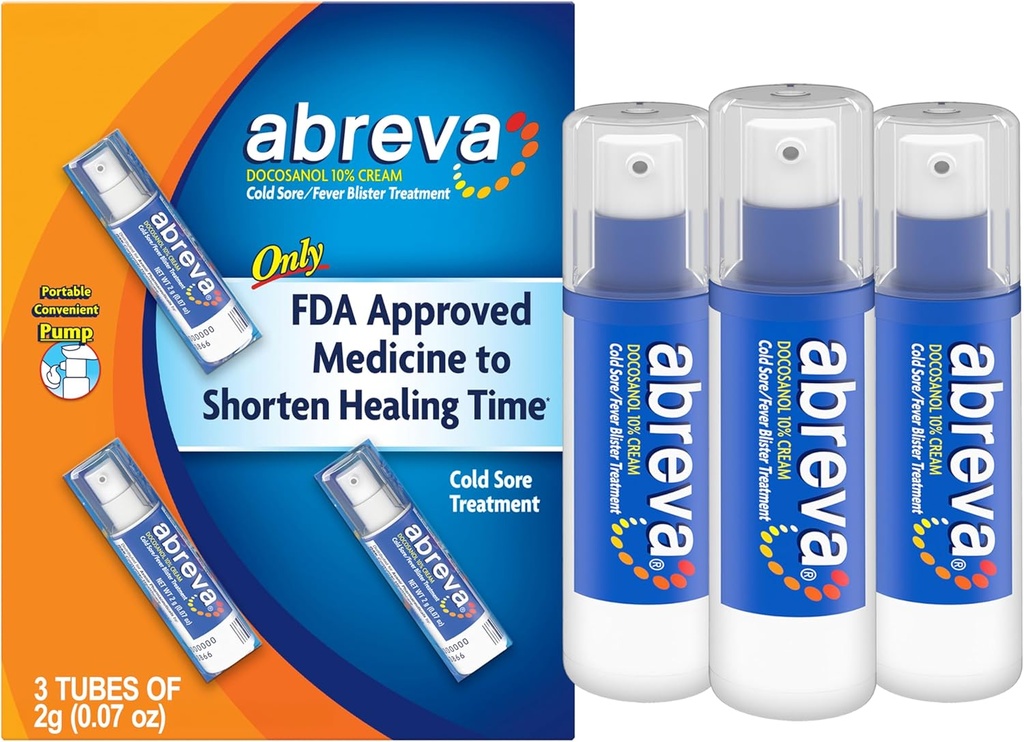 Abreva Docosanol 10% クリームコールドソアトリートメント, フィーバーブリスターとコールドソアクリーム - 0.07 Oz ポンプ ボトル×3