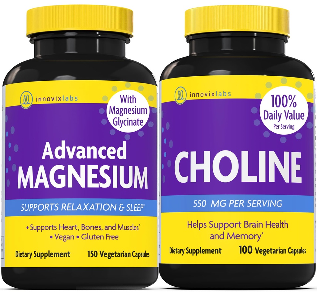 InnovixLabs コリン ・ マグネシウム バンドル コリン ビットレート 550 mg (100 カプセル) 高度なマグネシウム (150 カプセル). メモリ、気分、脳の健康とブースト認知をサポート*