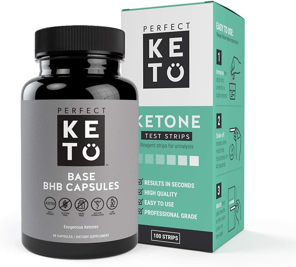 Perfect Keto Exogenous Ketones Base BHB Supplement (60 Capsules) - Ketogenic Diet Support Weight Management, Energy & Focus - Ketosis Beta-Hydroxybutyrate with (100 pcs) Keto Strips Bundle