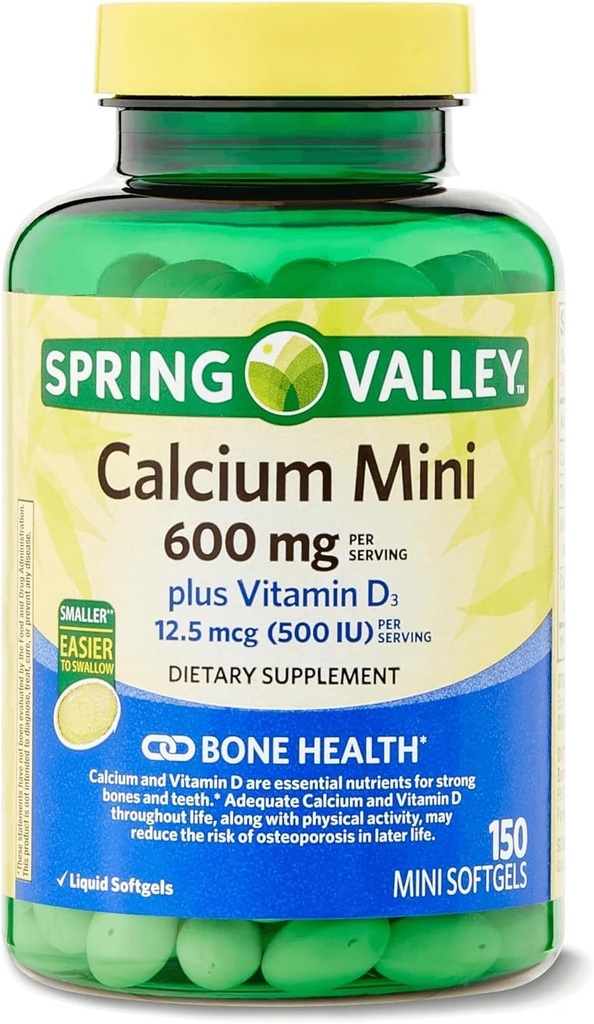 Spring Valley Calcium Plus Vitamin D3 150 Mini Softgels | Calcium Supplement | Calcium Mini softgels | Calcium 600 mg with Vitamin d3 | Calcium Carbonate 600 mg, 150 Mini Softgels +