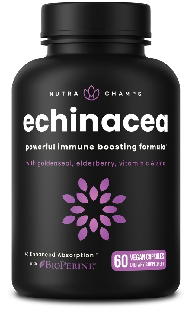 NutraChamps Echinaceaカプセル1000mg - 8in-1免疫サポートサプリメント - Echinaceaゴールデンシール、ビタミンC、亜鉛、ジンジャー、エルダーベリー - 60カプセル