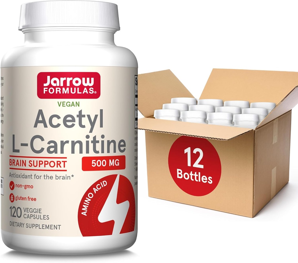 JarrowフォーミュラアセチルL-カルニチン500mg、サプリメント、脳の健康と抗酸化剤のためのアミノ酸サポート、120ベジギーカプセル、120デイサプライ(12パック)
