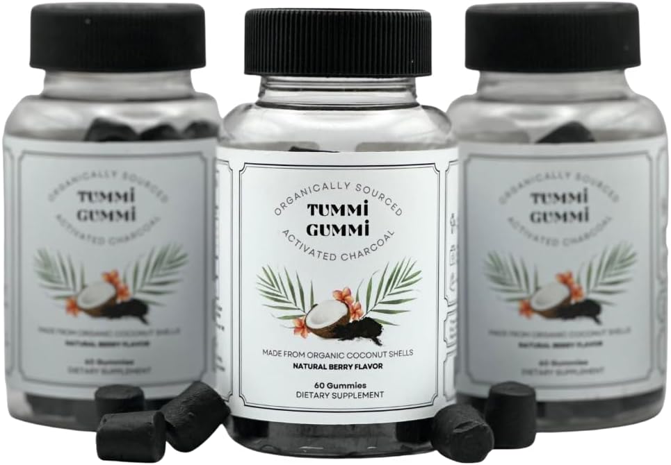 Activated Organic Charcoal Gummies, Charcoal Gummy for Kids and Adults, Digestive Health, Gas and Bloat Relief, Detox, Natural Berry Flavor, 60 Count