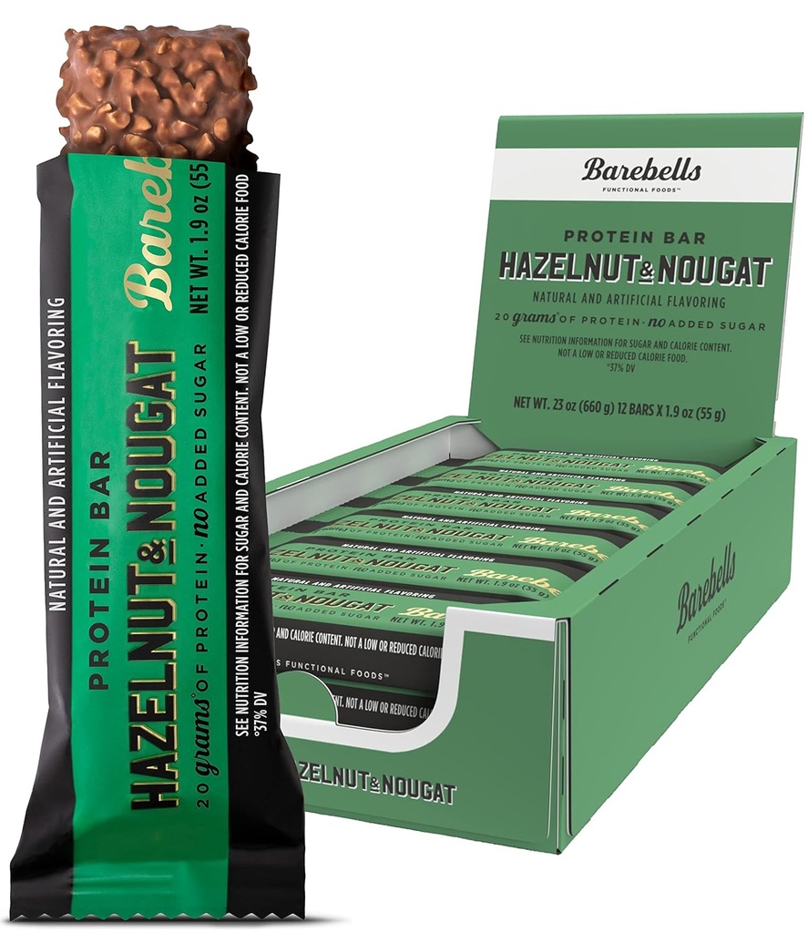 Barebells Protein Bar Hazelnut & Nougat - 12のカウント、1.9ozバー - タンパク質の20gのタンパク質のスナック - トータルシュガー1gのチョコレートプロテインバー - ゴープロテインスナック&ブレックファーストバー