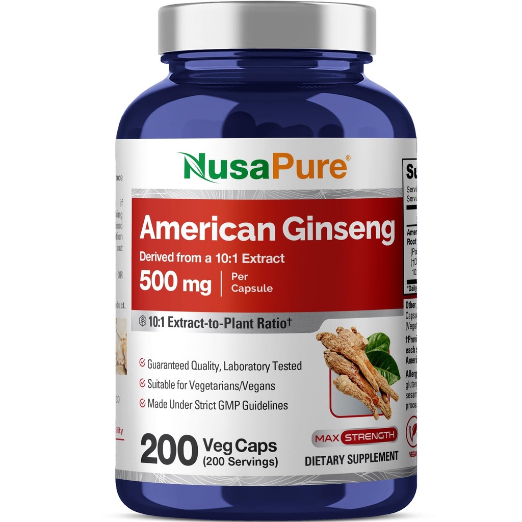 NusaPure American Ginseng 10:1 エキス、500 mg 5000mg - 200 Veggieカプセル(ベジタリアン、非GMO、ビーガン)