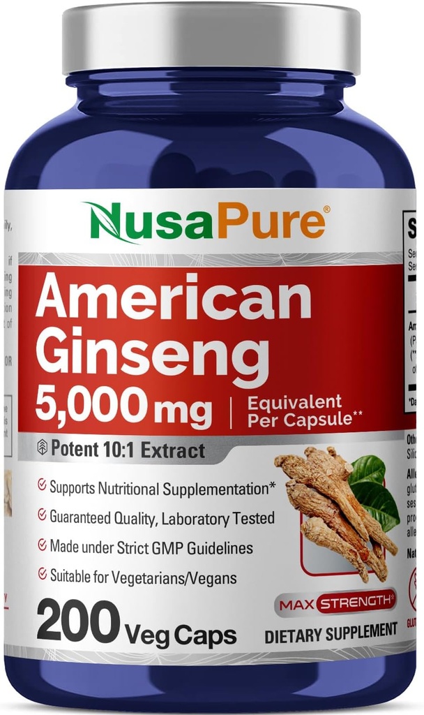 NusaPure American Ginseng 10:1 エキス、500 mg 5000mg - 200 Veggieカプセル(ベジタリアン、非GMO、ビーガン)