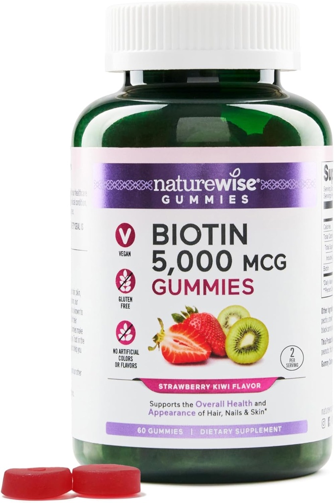 NatureWiseビオチンガミー - ヘルシーな髪、皮膚、強力な爪をサポート - ビタミンB7 5000mcg - ナチュラルビューティー - イチゴキウイ味 - ビーガン、非GMO、グルテンフリー - 60カウント[30日の供給]