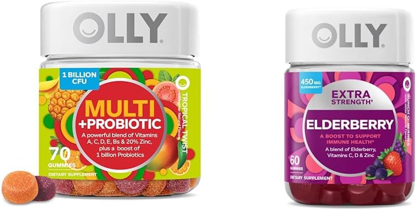 プロバイオティクス、1ビリオンCFU、70カウントおよび余分強さのElderberryのグミ、免疫サポート、450mg、60の計算が付いているOLLY大人のMultivitaminのギーミー