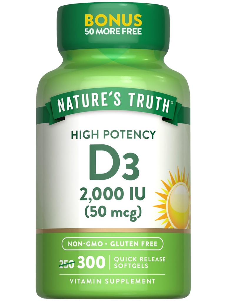 Nature's Truth Vitamin D3 2000 IU | 300 Softgels | 高効力の公式 | 非GMO&グルテンフリーサプリメント