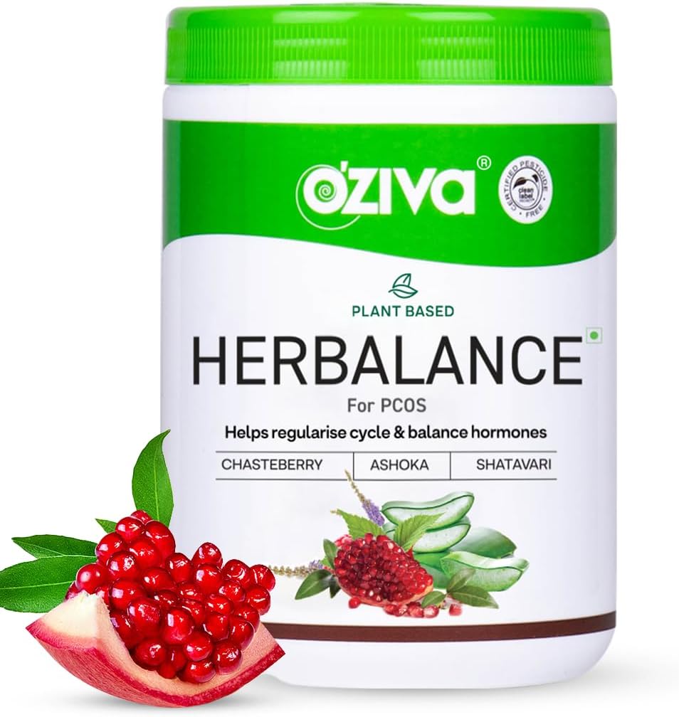 OZIVA Plant Based HerBalance for PCOS | PCOS Supplement for Women for Hormonal Balance & Better Menstrual Cycle | PCOS Drink with Inositol, Shatavari,Chasteberry, Ashoka Certified Clean & Vegan, 250g