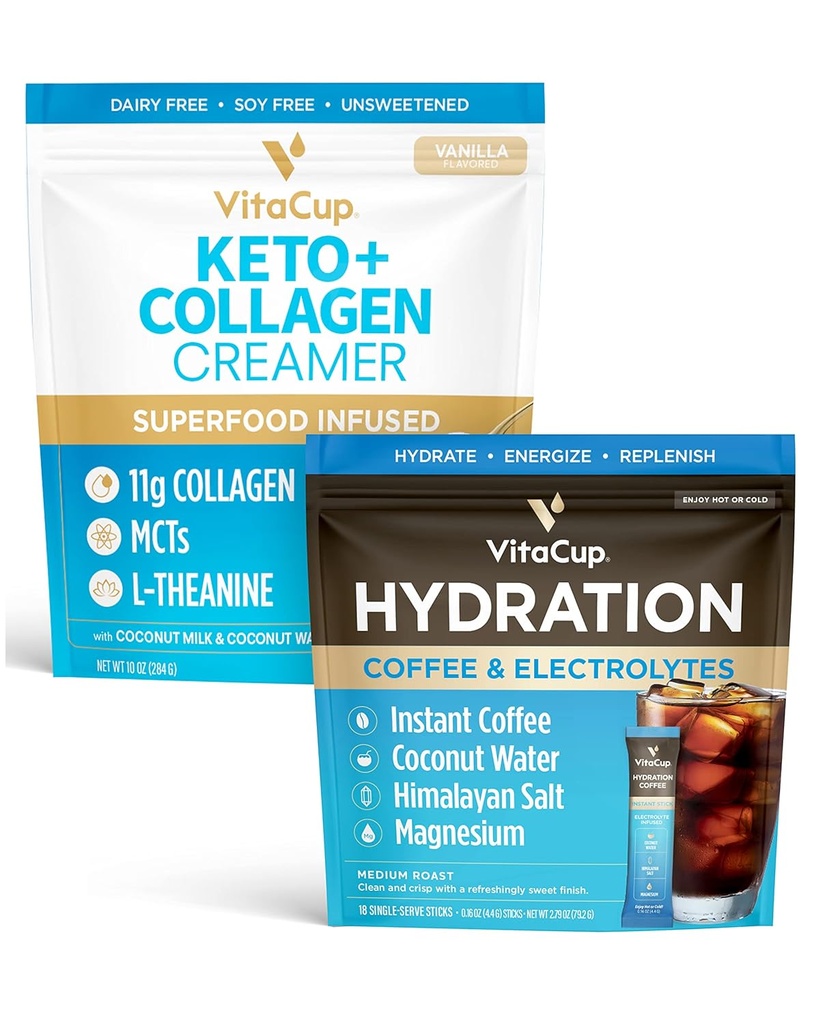 VitaCupのHydrationの即刻のコーヒーはw/Electrolytes、ココナッツ水、媒体のロースト18ct及びKeto +コラーゲンのバニラのコーヒー クリームw/Superfoods及びMCTs、10のozに付けます