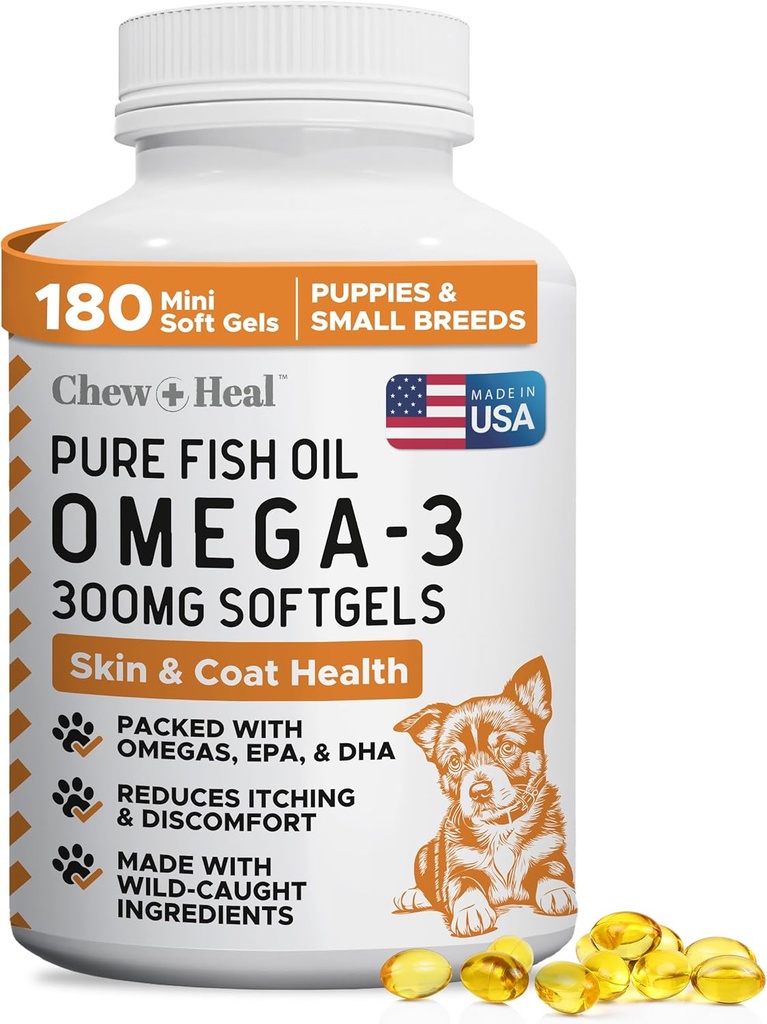 Wild Caught Omega 3 Fish Oil for Dogs - 180 Softgel Capsules for Healthy Skin and Coat - 300 mg Mini Dog Fish Oil Pills for Shedding, Dry Itching Skin, and Hot Spots - Pet Omega Salmon Supplement