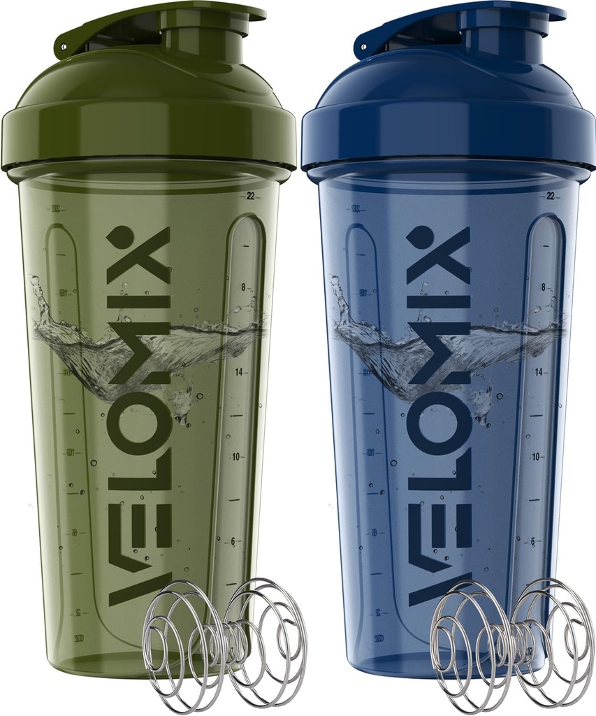 VELOMIX -2 パック- 28 oz プロテインミキサー用プロテインシェーカーボトル - 2x ワイヤウィスク | リーク プロテインシェーク用プルーフシェーカーカップ | プレワークアウトシェーカーボトル | タンパク質シェイクスグリーン&ブルーのシェーカー