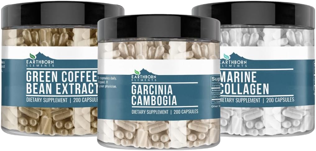 アースボーン要素 Garcinia Cambogia、グリーンコーヒー豆、マリンコラーゲンバンドル(200カプセルそれぞれ)、ピュア&希釈、無添加