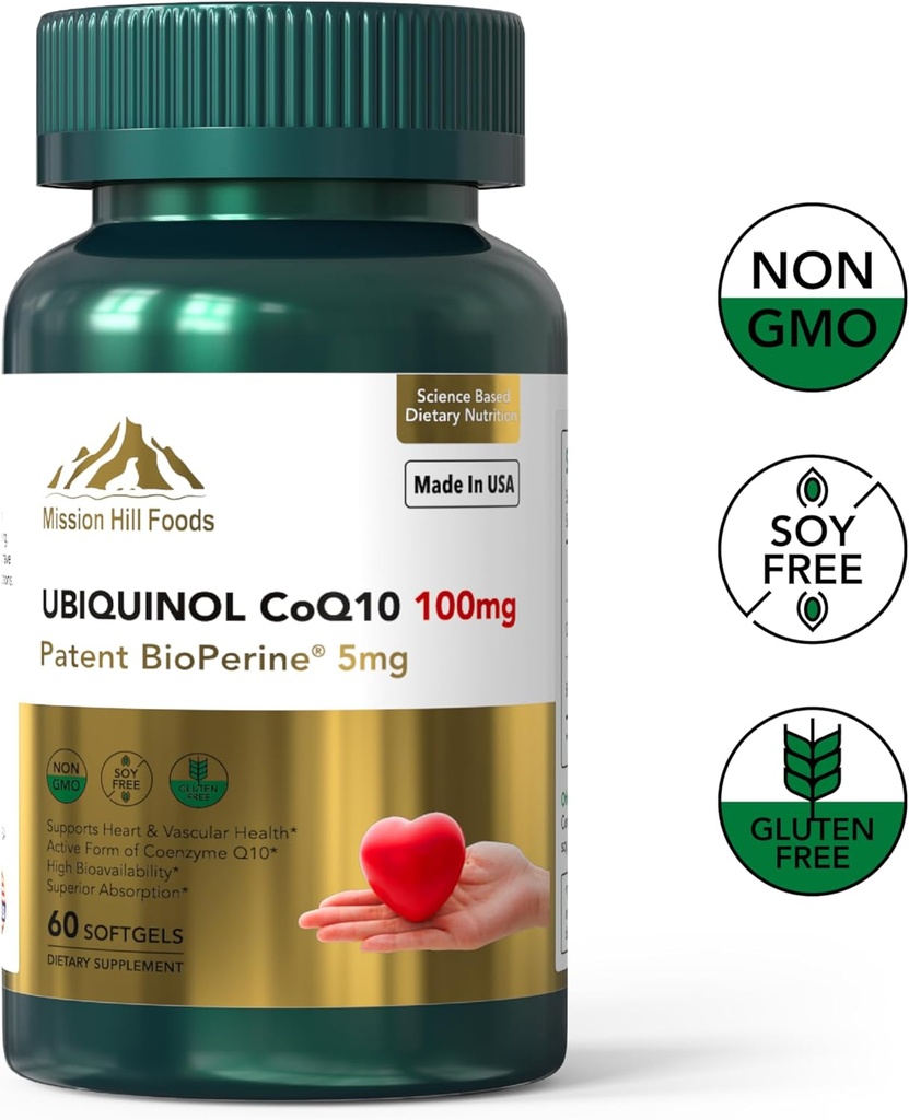プレミアムUbiquinol CoQ10 + BioPerine (100mg) | 心の健康のための酸化防止剤(1 Bottle-60 Softgels-2moの供給) | 高吸収心 & 血管ビタミン | 非GMO & グルテンフリー