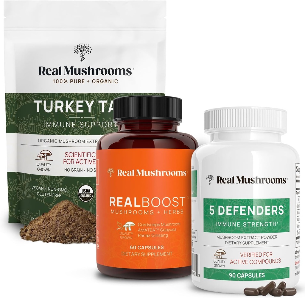 本物のキノコRealBoost(60ct)、5デフェンダー(90ct)&トルコテールマッシュルームパウダー&カプセルバンドル - エネルギー、活力&免疫力のためのキノコサプリメント - ビーガン、非GMO