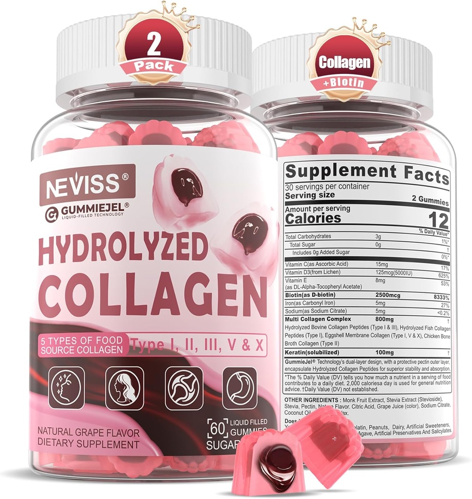 Hydrolyzed Collagen Peptides, Marine Gummies for Women Men, Multi Collagen Type I II III V & X for Hair Growth, Healthy Skin Nails - Collagen Gummy w/Hair Vitamins Biotin Keratin & Vitamin D3, 120Cts
