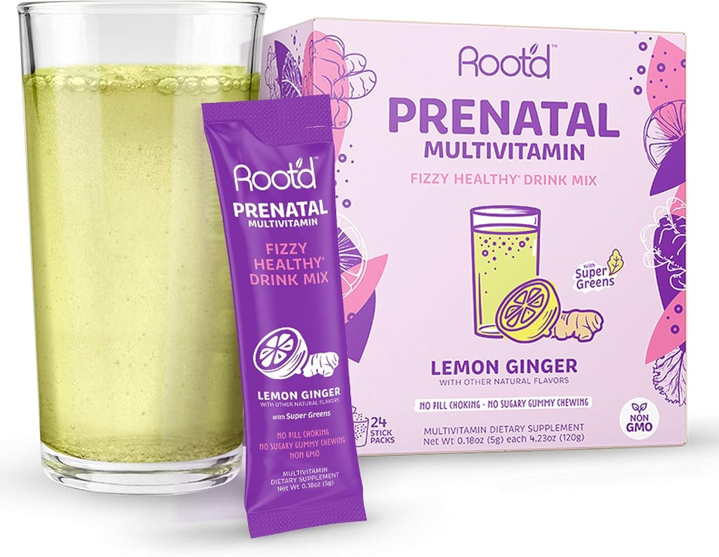 Rootd - Powder Prenatal Vitamin - Pregnancy Multivitamin with 25 Vitamins & Minerals A, C, D, E, B12, B6, K, Iron, Folate, Probiotics, Organic Super Greens | Lemon Ginger | 24 Effervescent Stick Packs