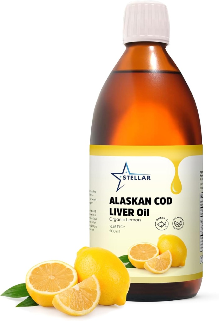Stellar Alaskan Cod肝油 - 有機レモン、16.67 oz | ワイルドキャッチ アメリカ | オメガ3 DHA/EPA & ビタミンDで豊富 | 非GMO認定 | 心臓・脳・免疫の健康をサポート