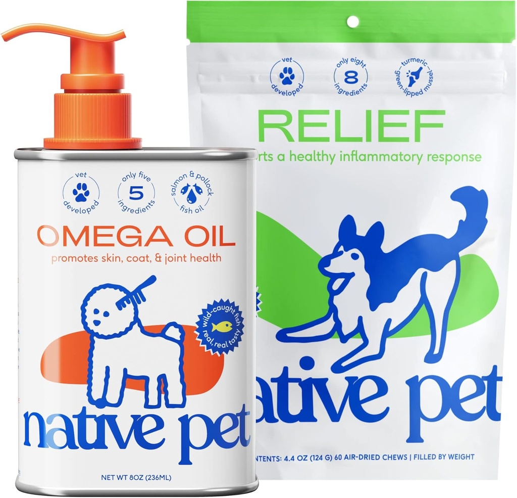 Native Pet Omega Oil for Dogs 8 Oz - Fish Oil Supplements & Relief - Anti-Inflammatory Chews for Dogs - 60 Chews - Arthritis Supplement & Joint Pain Relief
