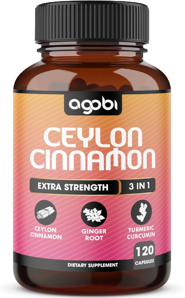 Ceylon Cinnamon Capsules - Combined with Ginger Root and Turmeric Curcumin Supplement - 120 Vegan Capsules