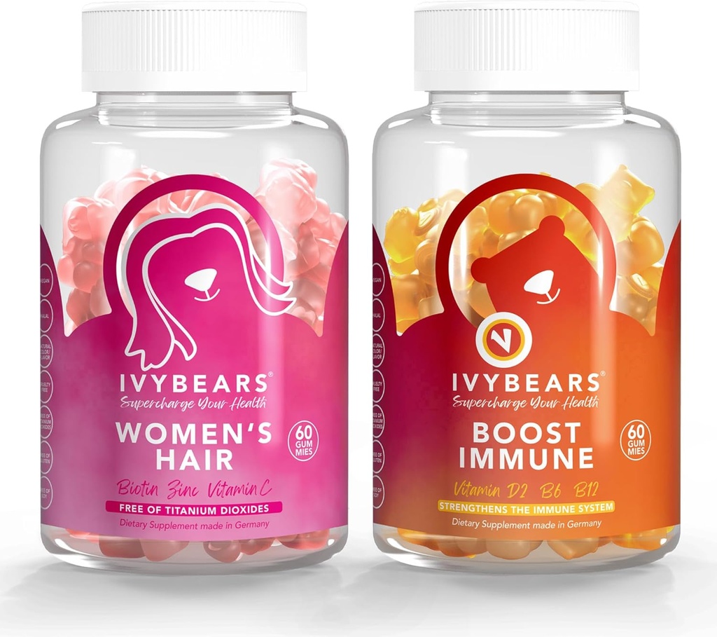 IvyBears® 女性の髪&免疫サポートバンドル - バイオチンの毛の成長のグミ + ビタミンC、D、亜鉛と毎日の免疫グミ - ビーガン、2パック