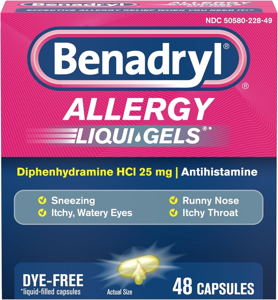 Benadryl Liqui ゲルの抗ヒスタミンアレルギー薬及び風邪の症状の救助、Dye なしの液体ゲルのような症状のための 25 mg のジフェンヒアミン HCl、Runny Nose、Sneezing 及び多く、48 ct