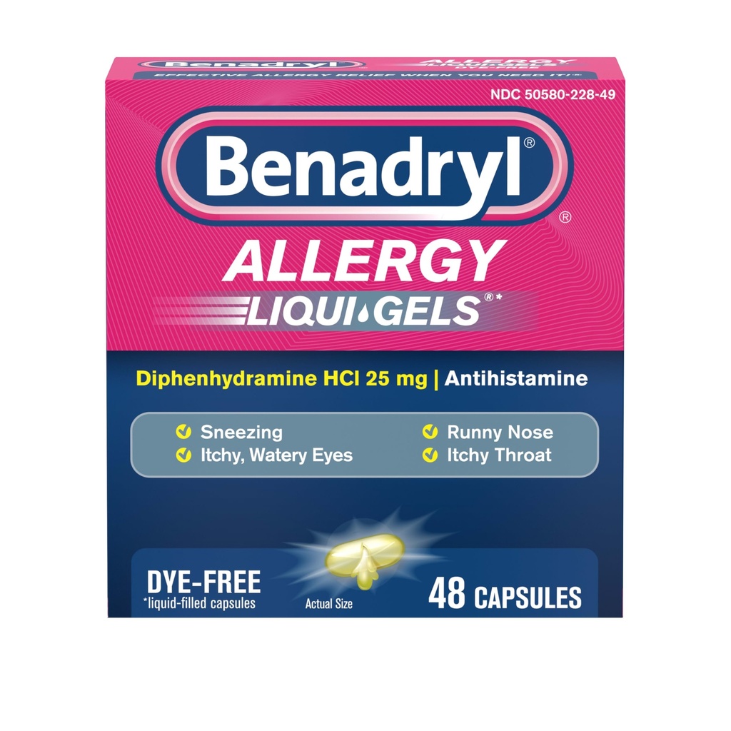 Benadryl Liqui ゲルの抗ヒスタミンアレルギー薬及び風邪の症状の救助、Dye なしの液体ゲルのような症状のための 25 mg のジフェンヒアミン HCl、Runny Nose、Sneezing 及び多く、48 ct