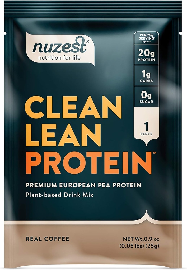 Nuzest - エンドウ豆プロテインパウダー - きれいなリーンプロテイン、プレミアムビーガン植物ベースのプロテインパウダー、乳製品無料、GMOフリー、自然に甘くされたプロテインシェイク、本物のコーヒー、1サービング、0.9オンス