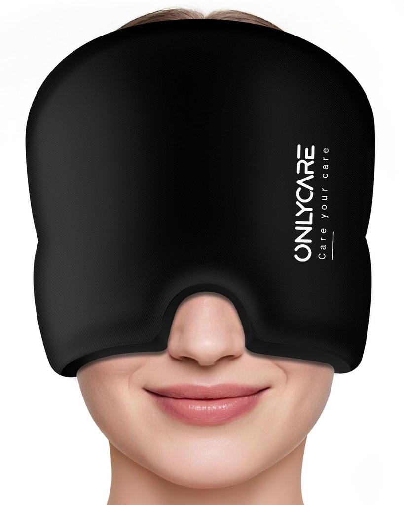 ONLYCARE Migraine の救助の帽子、薄板になる Migraine のマスク、改善された無臭のゲルのアイス ヘッド覆い、熱く、冷たい療法、張力および圧力(黒)のための FSA-HSA の適性の頭痛のアイスパック