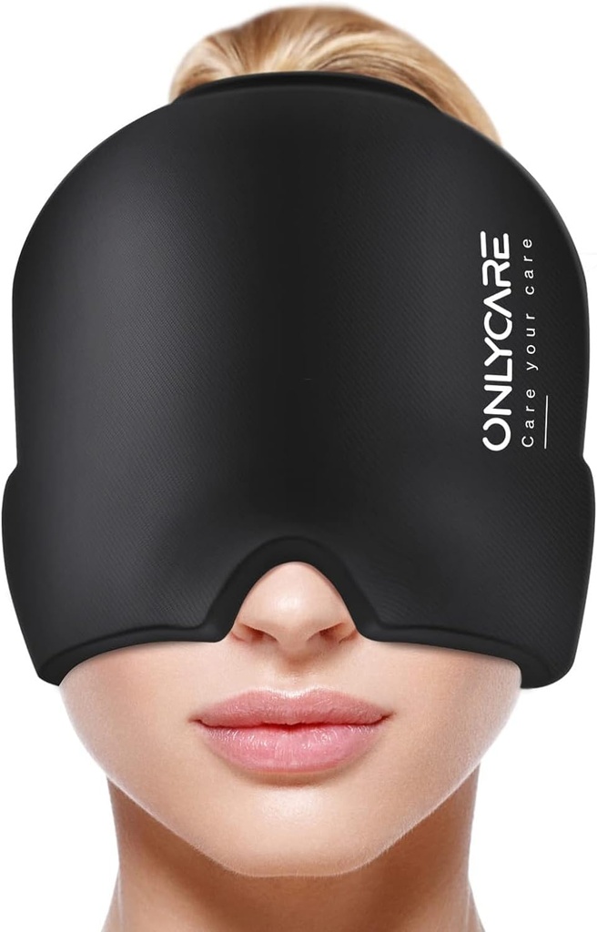 ONLYCARE Migraine の救助の帽子、薄板になる Migraine のマスク、改善された無臭のゲルのアイス ヘッド覆い、熱く、冷たい療法、張力および圧力(黒)のための FSA-HSA の適性の頭痛のアイスパック